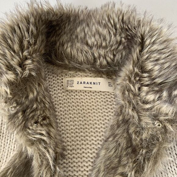 Zara Cardigan Sweater Women L Beige Knit Brown Fur Mob Wife Glam Preppy Boho - Picture 4 of 12
